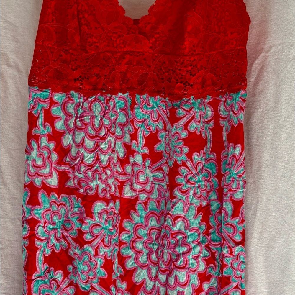 Josie by Natori Lace Camisole Slip dress Red Floral Rayon L valentine romantic